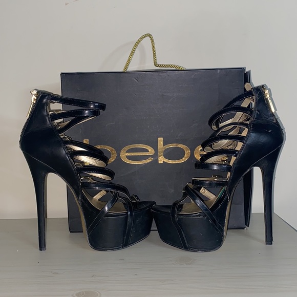 Y2K BEBE Nadiya Black Patent Leather Gold Zip High Heels Sandals Strappy Size 7 - Picture 3 of 9